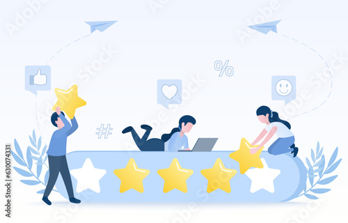 Customer feedback and satisfaction in business. Customers give positive reviews, star ratings, feedback, reactions, evaluations and loyalty. Flat vector design illustration.