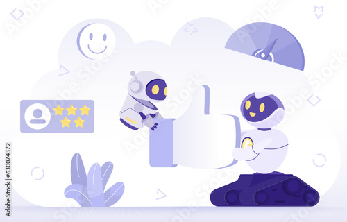 Artificial Intelligence (AI) technology concept. AI robots holding a thumbs-up symbolizing positive feedback and review from customers to improve product or service. Flat vector design illustration.