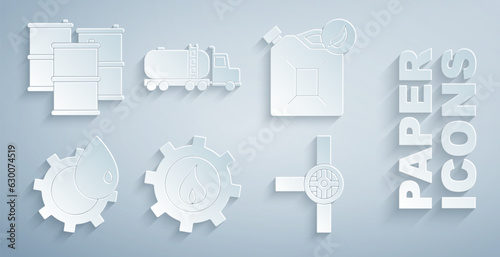 Set Oil industrial factory building, Bio fuel canister, Industry pipes and valve, Tanker truck and Barrel oil icon. Vector