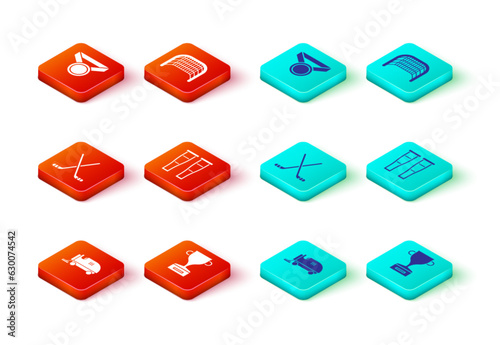 Set Ice resurfacer, Award cup, hockey sticks, Crutch or crutches, goal and Medal icon. Vector