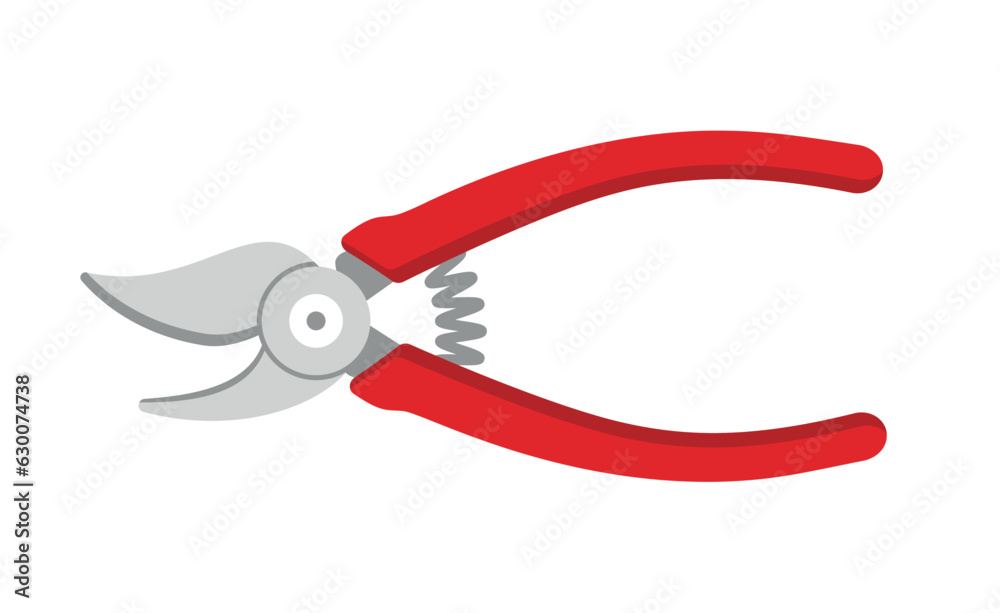 Garden pruner with red handle isolated on white. Florist tool for cutting branches and leaves. Gardening instrument item. Agriculture implement. Classical pruning shear. Vector illustration Garden pruner with red handle isolated on white. Florist tool for cutting branches and leaves. Gardening instrument item. Agriculture implement. Classical pruning shear. Vector illustration