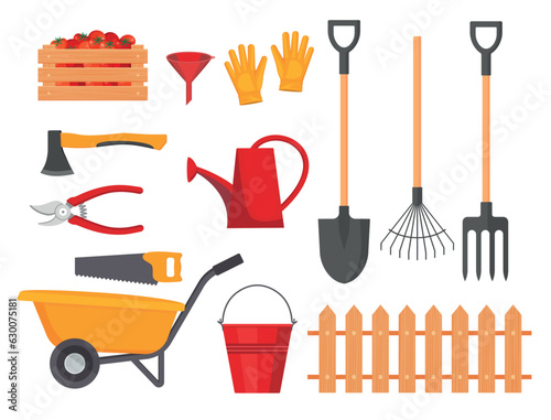Garden tool vector gardening equipment rake or shovel and lawnmower of gardener farm collection or farming set illustration isolated on white background