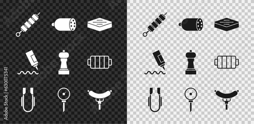 Set Grilled shish kebab, Salami sausage, Steak meat, Meat tongs, Kitchen thermometer, Sausage fork, Sauce bottle and Pepper icon. Vector