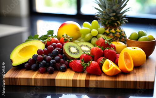 Fresh and Colorful: Assorted Fruit on a Cutting Board in a Beautiful Kitchen