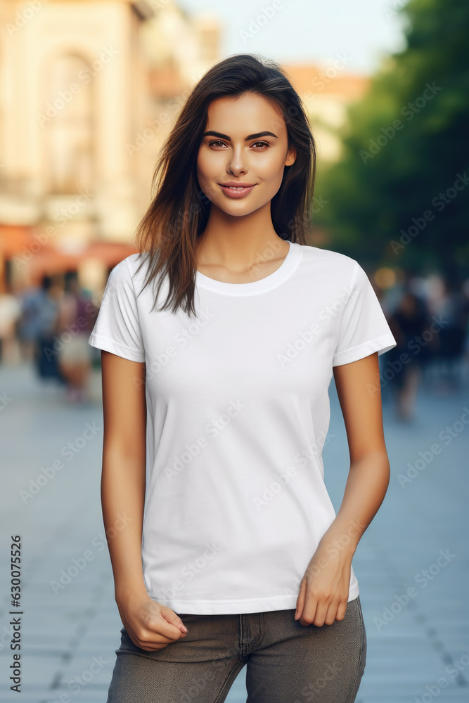 Young woman wearing blank white t-shirt, Design t-shirt template, Model t-shirt mockup, Print presentation, Generative AI