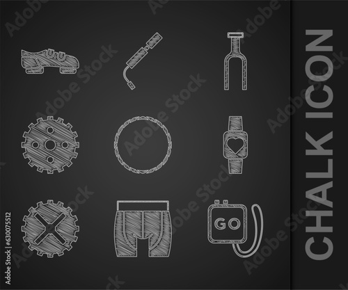 Set Bicycle wheel, Cycling shorts, Stopwatch, Smart, sprocket crank, fork and shoes icon. Vector