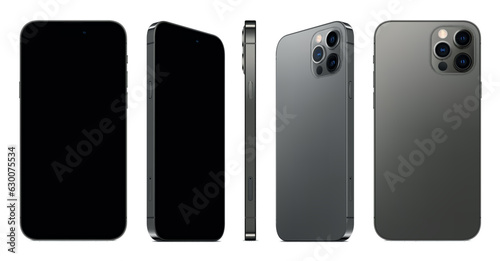 new frameless smartphone grey color with blaсk screen saver front and backside view isolated on white background. mockup of realistic new mobile phone with shadow. 3d vector isometric illustration