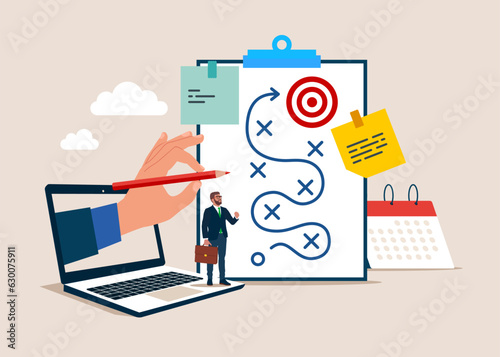 Working with  plan on paper. Strategy, marketing, business development. Vector illustration.