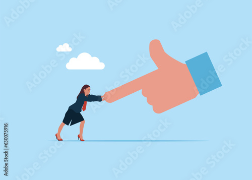 Woman fight and pushing against giant hand. Fight against super power people, challenge. Vector illustration