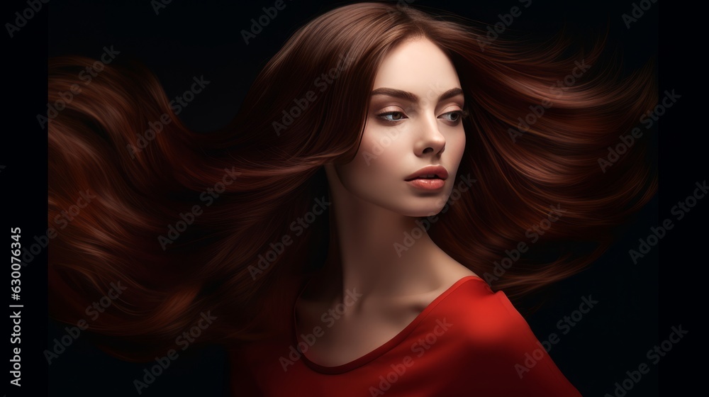 Young Woman with long dark hair for Fashion and Hair Stylist Magazine. AI Generative