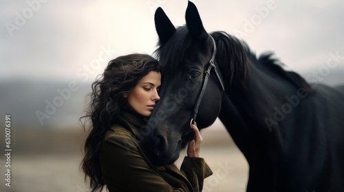 Portrait of Woman whispering to Horse. AI Generative © MendyZa