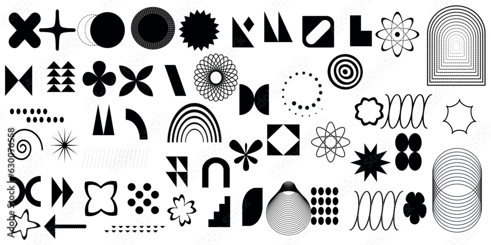 Brutalist abstract geometric shapes and grids. Brutal contemporary figure star oval spiral flower and other primitive elements. Swiss design aesthetic. Bauhaus memphis design. Vector Brutalist abstract geometric shapes and grids. Brutal contemporary figure star oval spiral flower and other primitive elements. Swiss design aesthetic. Bauhaus memphis design. Vector