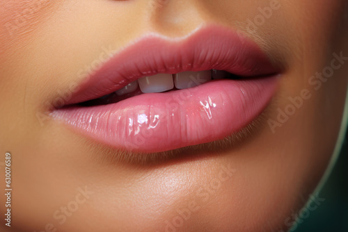 Shiny wet sexy lips with pink glossy lipstick close-up, plump lips with makeup