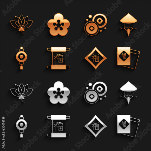 Set Chinese New Year, Asian or conical straw hat, paper lantern, Yuan currency, Lotus flower and icon. Vector