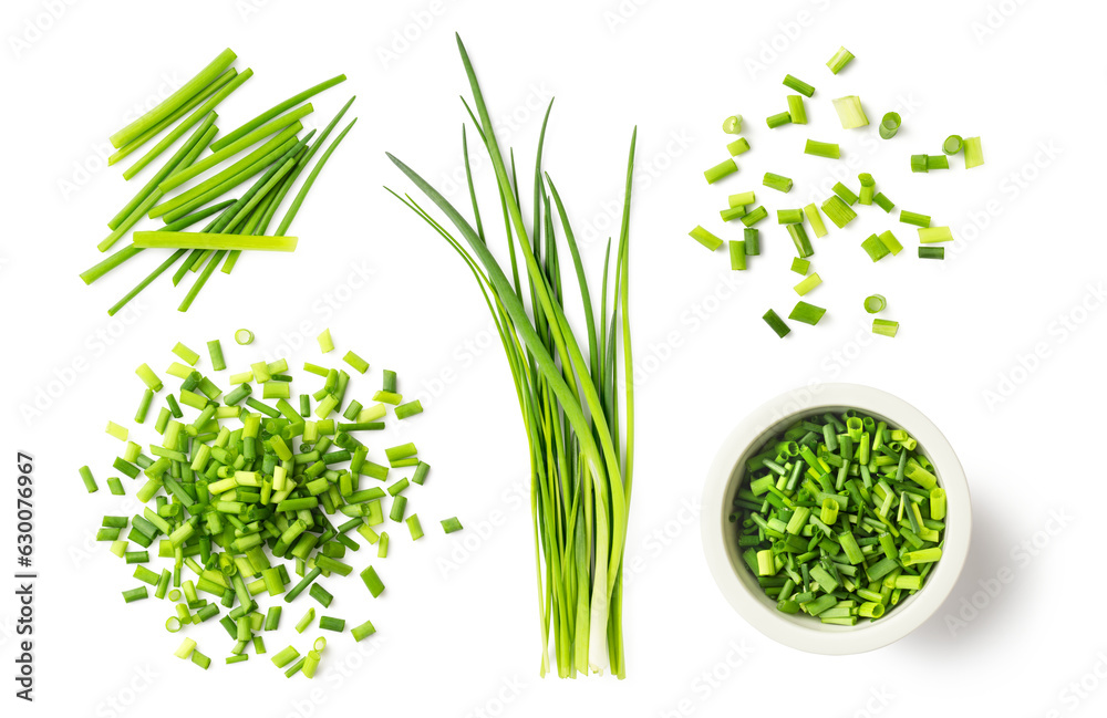 fresh green herbs: chives, collection of isolated herbal food design element, bunch of whole chive blades, chopped sprinkled ones, loose, in a heap and a small bowl, healthy nutrition or garden set - obrazy, fototapety, plakaty 