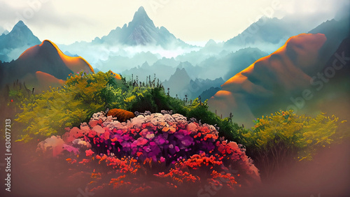 sunrise in the mountains, fog and small colorful beautiful flowers