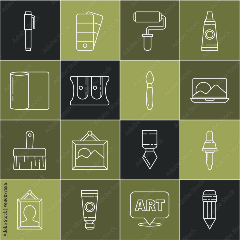 Set line Pencil with eraser, Pipette, Laptop, Paint roller brush, sharpener, Paper towel, and icon. Vector Set line Pencil with eraser, Pipette, Laptop, Paint roller brush, sharpener, Paper towel, and icon. Vector