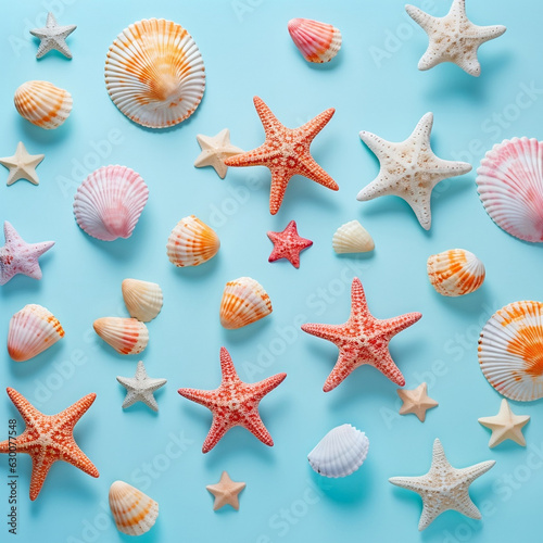 Seashells and starfish on flat lay blue background 
