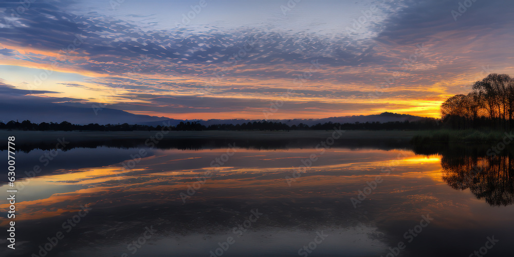 Splendid Landscape Reflection In Spring Summer Serene Water At Sunrise With Shining Sky. Wallpaper Nature Background