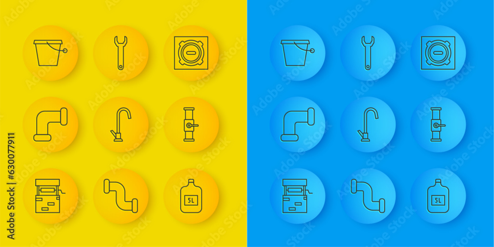 Set line Well, Industry metallic pipe, Water tap, Big bottle with clean water, and valve, Bucket, Manhole sewer cover and Wrench spanner icon. Vector