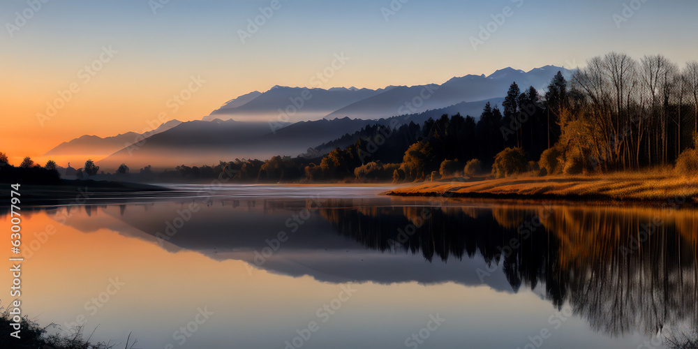Splendid Landscape Reflection In Spring Summer Serene Water At Sunrise With Shining Sky. Wallpaper Nature Background