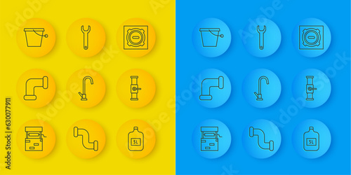 Set line Well, Industry metallic pipe, Water tap, Big bottle with clean water, and valve, Bucket, Manhole sewer cover and Wrench spanner icon. Vector
