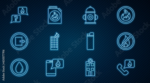 Set line Telephone with emergency call 911, No fire, Fire hydrant, in burning building, exit, Phone, Lighter and Canister for flammable liquids icon. Vector