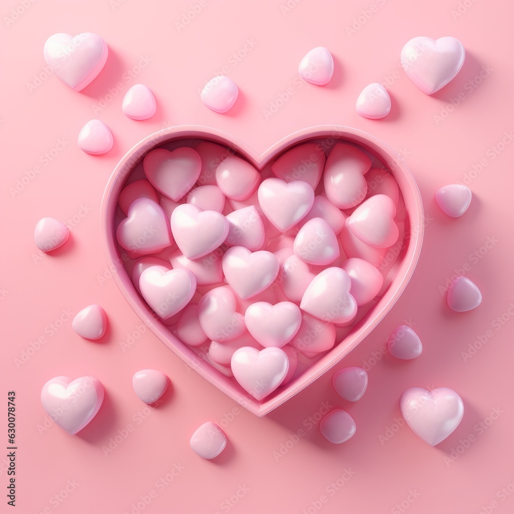 Love the creative heart balloons for Valentine's Day. Pink romantic hearts as a gift on a soft pastel pink background. Illustration. Generative AI.
