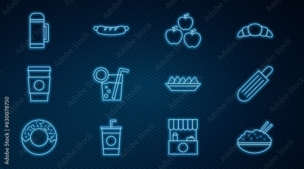 Set line Rice in a bowl with chopstick, French hot dog, Apple, Cocktail, Coffee cup to go, Thermos container, Nachos plate and Hotdog sandwich icon. Vector Set line Rice in a bowl with chopstick, French hot dog, Apple, Cocktail, Coffee cup to go, Thermos container, Nachos plate and Hotdog sandwich icon. Vector