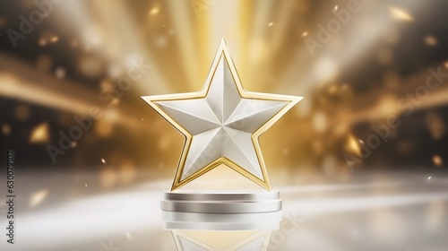 Award ceremony background and 3d gold luxury star element on the podium and glitter light effects decorations and bokeh  created with Generative AI technology.