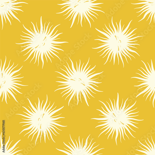 Seamless vector pattern sleepy smiley white sun on yellow  seamless