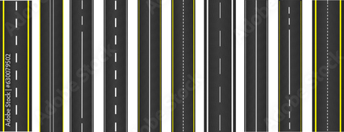 Paved driveway. Route for driving cars. Solid and dashed line markings. Highway for high speed. Vector illustration	