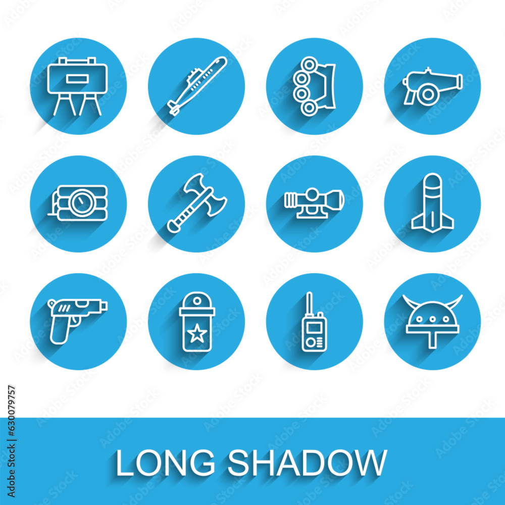 Set line Pistol or gun, Chevron, Military mine, Walkie talkie, Viking horned helmet, War axe, Rocket and Sniper optical sight icon. Vector Set line Pistol or gun, Chevron, Military mine, Walkie talkie, Viking horned helmet, War axe, Rocket and Sniper optical sight icon. Vector