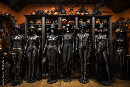 an array of Halloween costumes displayed in a store or a costume party Generative AI