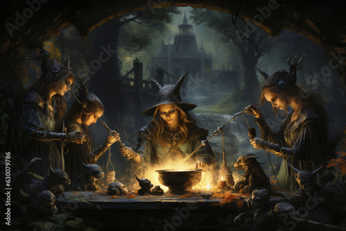 a gathering of witches around a cauldron, preparing for their Halloween rituals Generative AI