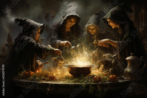 a gathering of witches around a cauldron, preparing for their Halloween rituals Generative AI