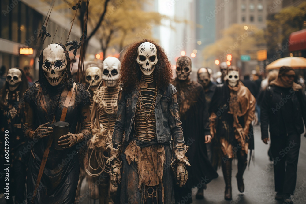 Obraz premium a Halloween costume parade, with participants showcasing their creative and spooky attire Generative AI