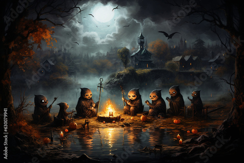 a Halloween gathering around a bonfire, roasting marshmallows and sharing ghost stories Generative AI