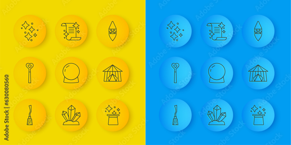 Set line Witches broom, Magic wand, ball, hat, Circus tent, Sparkle stars with magic, Wizard warlock and Ancient book icon. Vector Set line Witches broom, Magic wand, ball, hat, Circus tent, Sparkle stars with magic, Wizard warlock and Ancient book icon. Vector