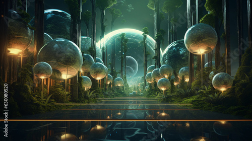 abstract rendering of a forest bath scene, spherical trees, geometric shapes replacing traditional elements, strong bold colors, metallic textures, vivid lighting, futuristic touch