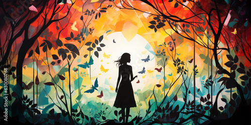 silhouette of a woman practicing forest bathing  amid swirling leaves  blooming flowers  an array of forest creatures  vibrant color splashes  dreamy aura  mixed - media collage style with cut - out p