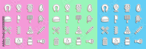 Set line Chicken leg, Grilled shish kebab, Oven glove, Brick stove, Meat chopper, Burger, Sausage and Barbecue steel grid icon. Vector