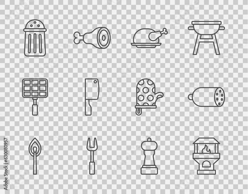 Set line Burning match with fire, Brick stove, Roasted turkey or chicken, Barbecue fork, Salt, Meat chopper, Pepper and Salami sausage icon. Vector