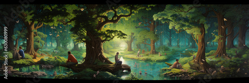 Immersive 360 - degree view of forest bathing, central figure sitting cross - legged, surrounded by giant trees, multitude of birds, wildlife, playful squirrels, vibrant hues, richly detailed, magical