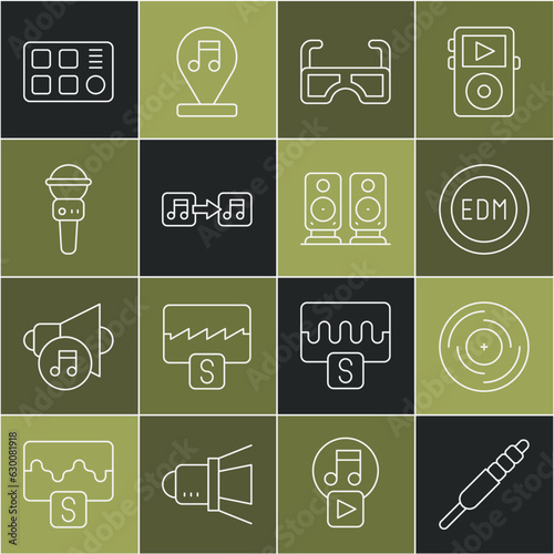 Set line Audio jack, Vinyl disk, EDM electronic dance music, Glasses, Music note, tone, Microphone, Drum machine and Stereo speaker icon. Vector
