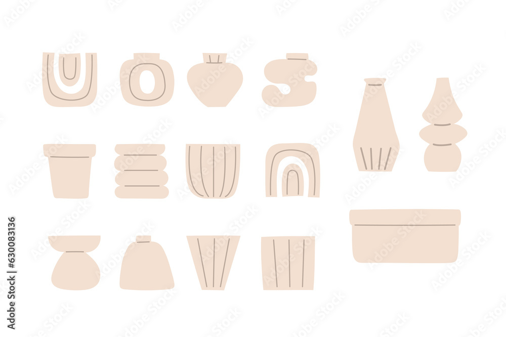 Different shapes various ceramic vases set. Modern trendy pots, vessels in minimal style for creating logo, card, banner, compositin with flowers, wall art, invitation