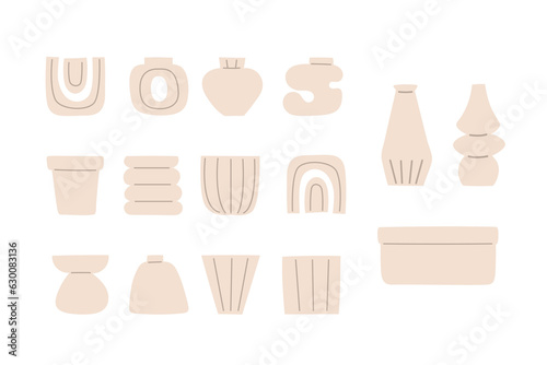 Different shapes various ceramic vases set. Modern trendy pots, vessels in minimal style for creating logo, card, banner, compositin with flowers, wall art, invitation