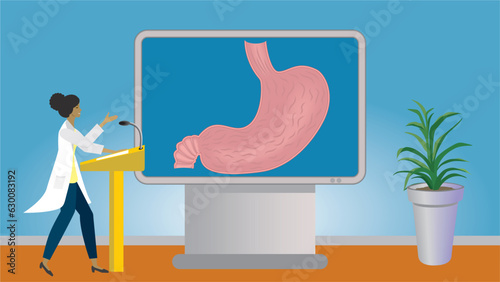 Woman doctor or medical student in lecture about abdomen, stomach, standing in front of big monitor screen in lecture hall. Dimension 16:9. Vector illustration.