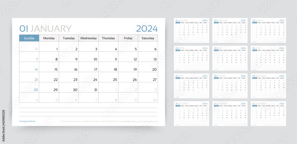 Calendar 2024 year. Calender template. Week starts Sunday. Desk planner. Yearly stationery organizer. Schedule layout with 12 month. Horizontal monthly diary grid in English. Vector illustration