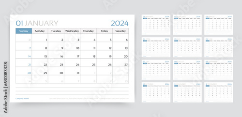 Calendar 2024 year. Calender template. Week starts Sunday. Desk planner. Yearly stationery organizer. Schedule layout with 12 month. Horizontal monthly diary grid in English. Vector illustration